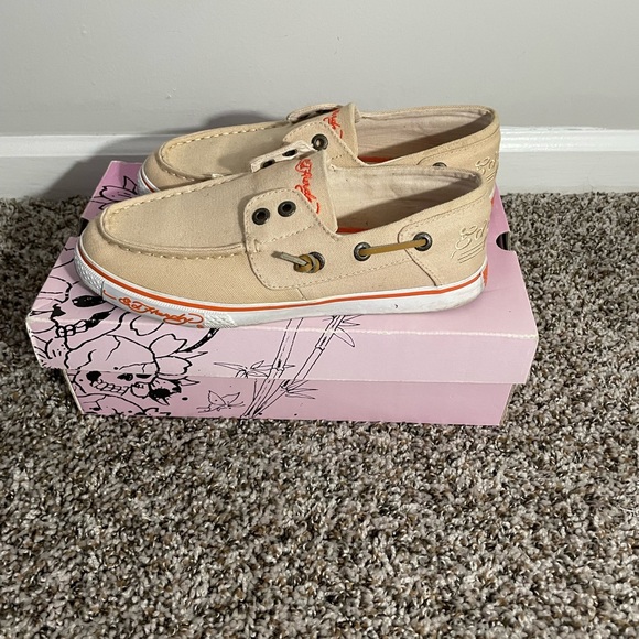 Vintage Ed Hardy Tan & Orange Boat Shoes. Size 7. - Picture 6 of 11